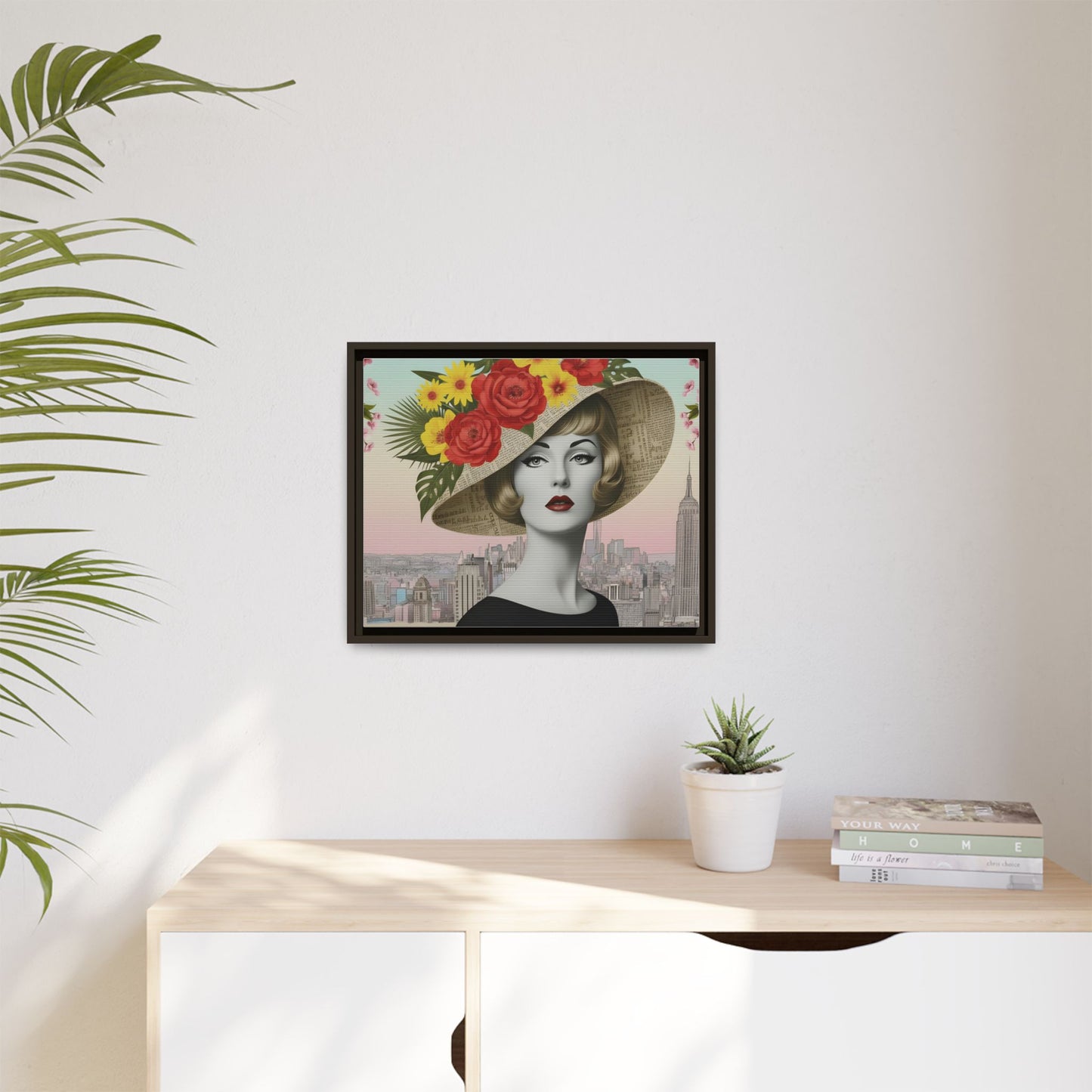 Blonde Lady with Floral Hat in New York — Vintage Pop Art Empire State Framed Canvas