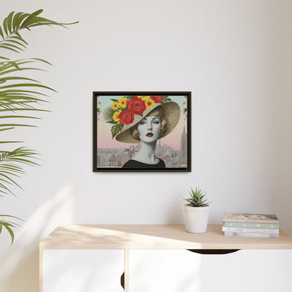 Blonde Lady with Floral Hat in New York — Vintage Pop Art Empire State Framed Canvas