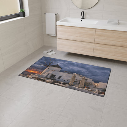 Oia Santorini Windmill Floor Mat — Mediterranean Coastal Sunset Home Decor