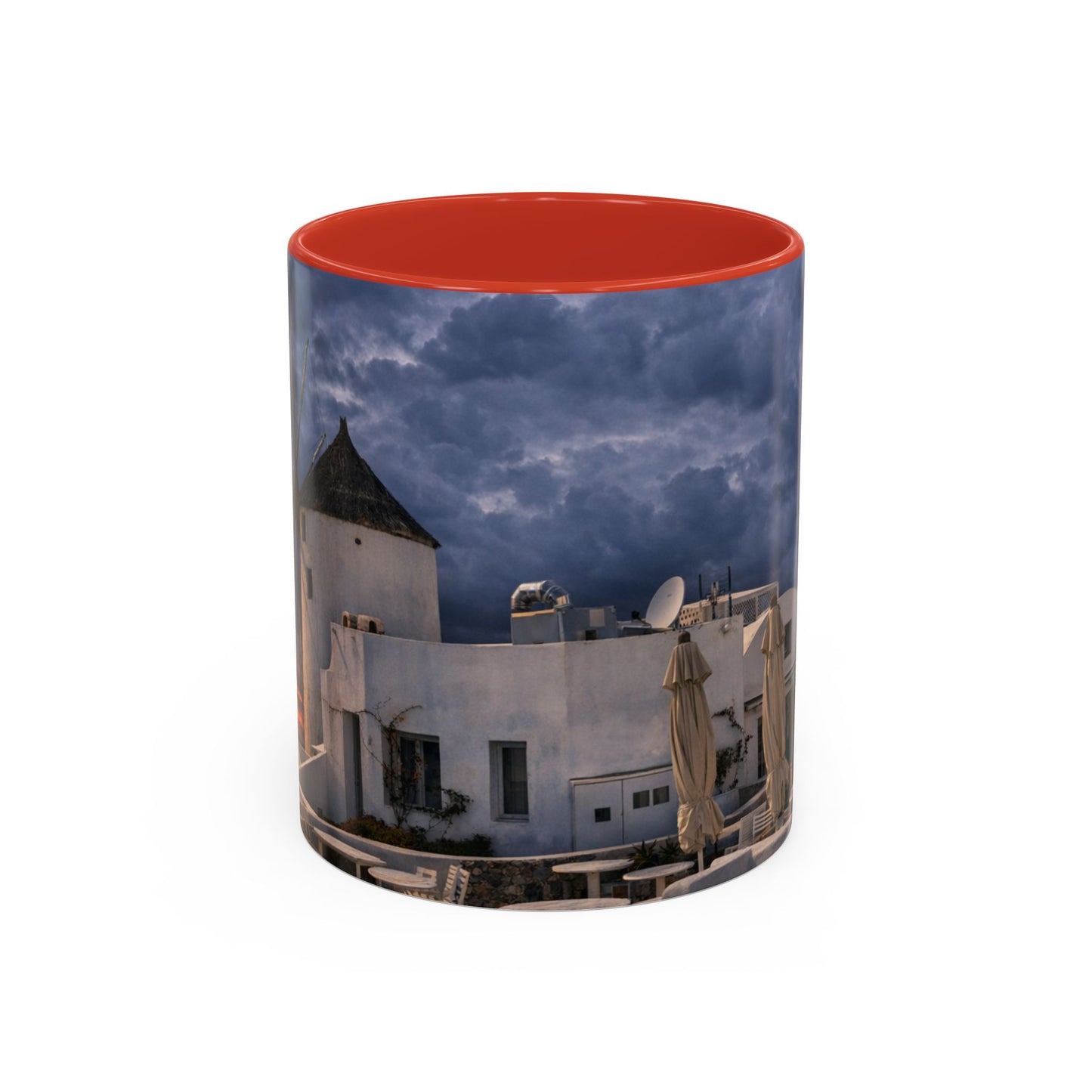 Santorini Windmill Sunset Accent Coffee Mug | Island Nightscape Greek Travel Gift | Unique Ceramic Mug