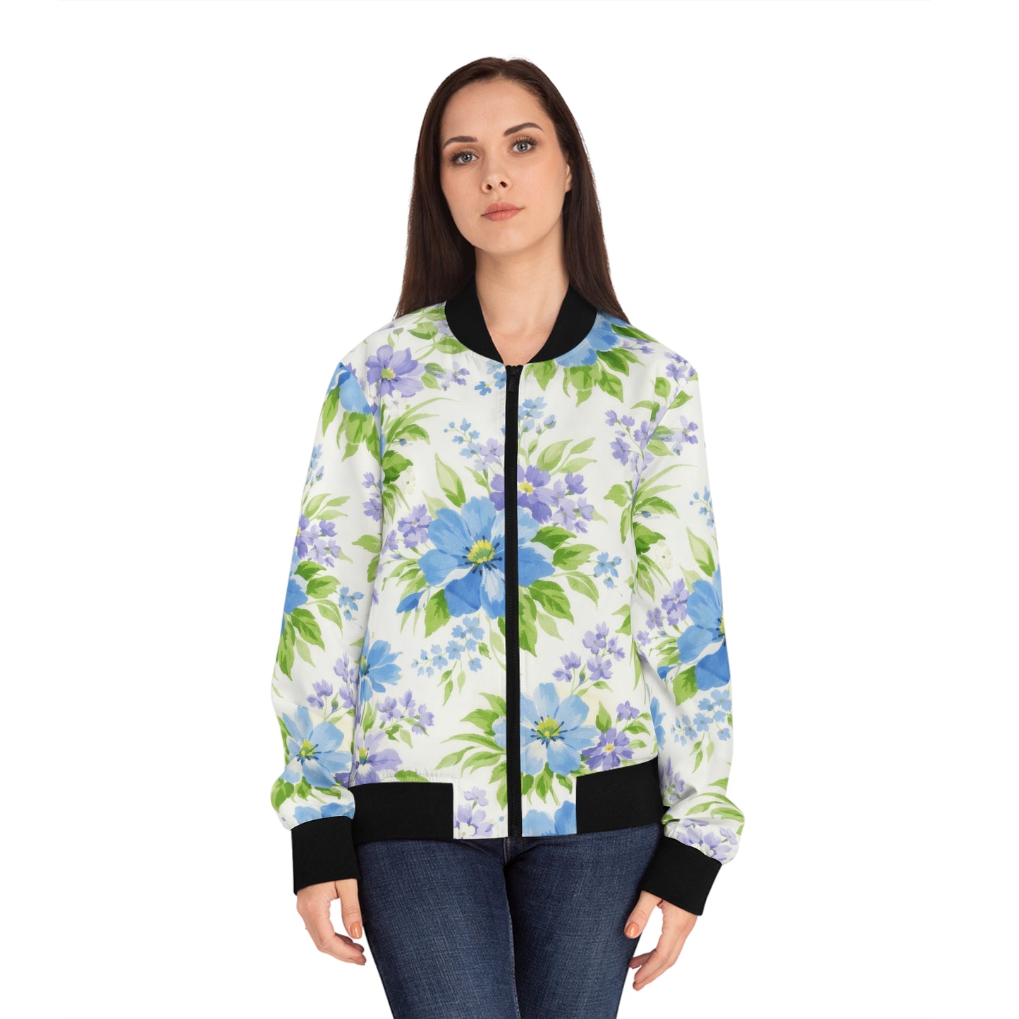 Floral Blue & Lavender All-Over Print Bomber Jacket