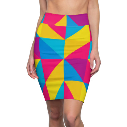 Geometric Colorblock Pencil Skirt — Neon Pink, Yellow & Cyan AOP