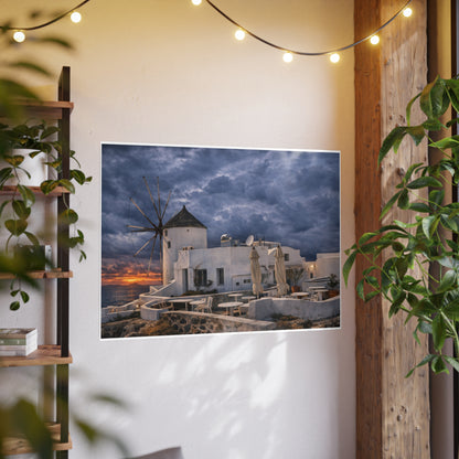 Oia Santorini Windmill Sunset Poster — Mediterranean Landscape Photo Art Print
