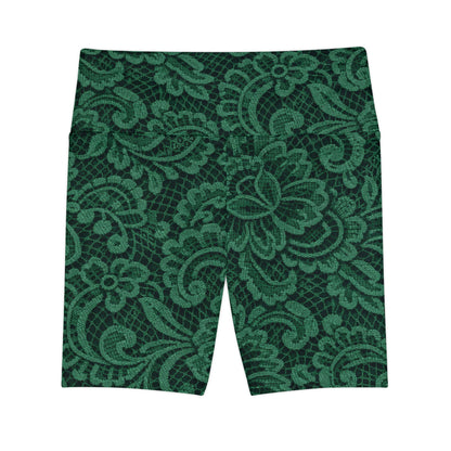 Green Lace Floral Women's Workout Shorts — High-Waist Activewear