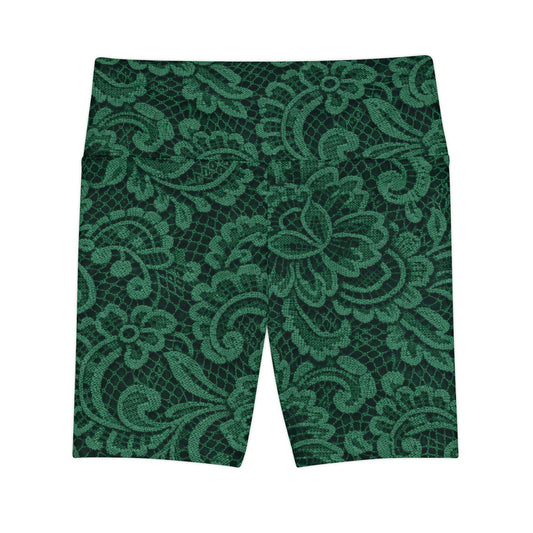 Green Lace Floral Women's Workout Shorts — High-Waist Activewear