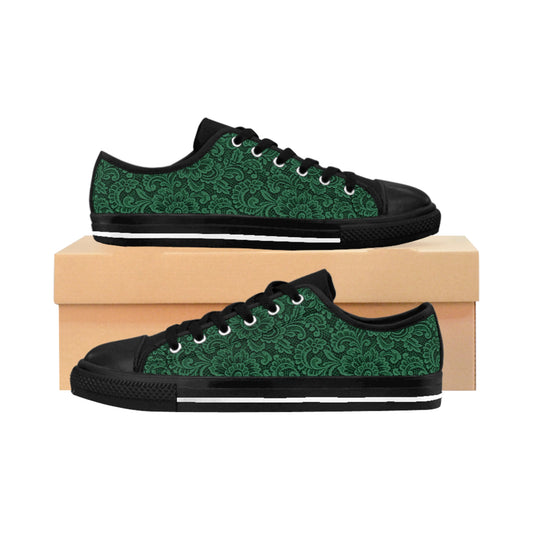 Green Floral Lace Pattern Women's Sneakers — Casual Low-Top Canvas Shoes