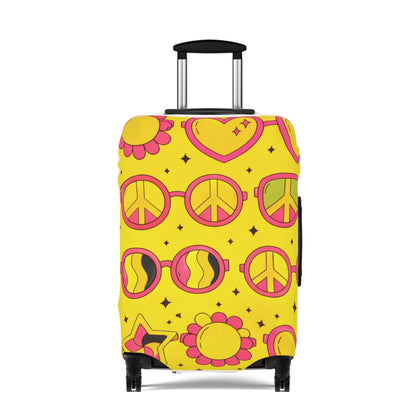 Retro Sunshine Luggage Cover – Yellow Peace Sign, Hearts & Flowers Travel Protector