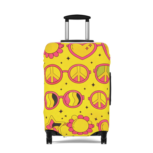Retro Sunshine Luggage Cover – Yellow Peace Sign, Hearts & Flowers Travel Protector