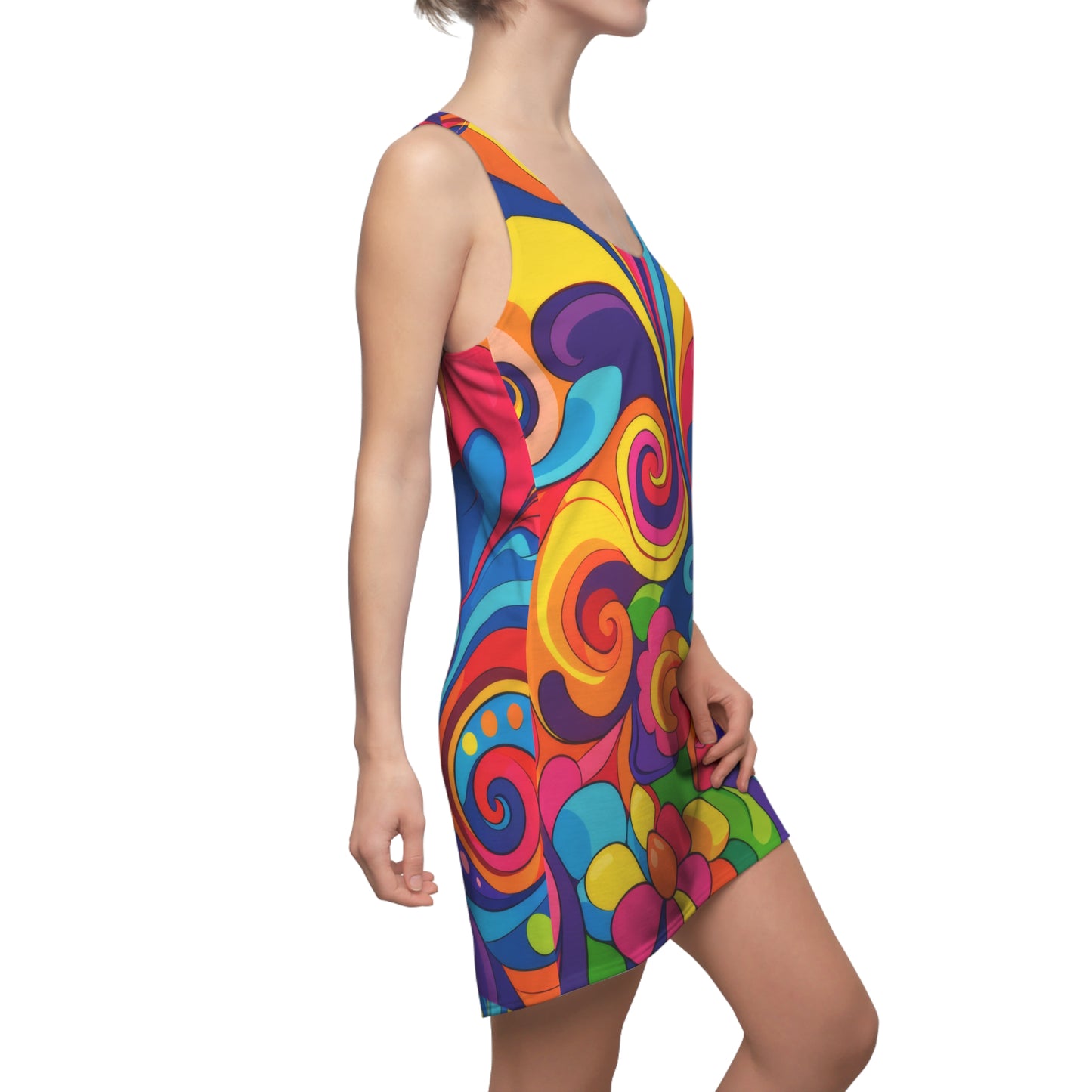 Psychedelic Floral Racerback Dress — Vibrant 70s Swirl Print