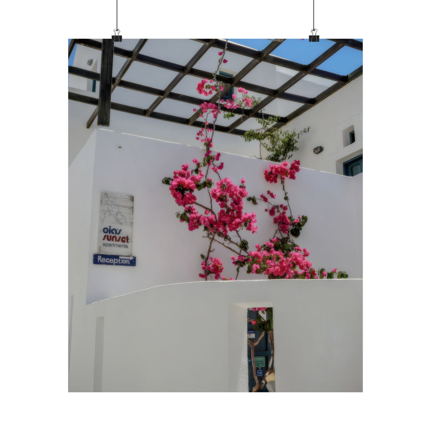 Santorini Bougainvillea Poster, Oia Greece White Architecture Art, Mediterranean Floral Wall Decor, Greek Island Photography Print Art Decor