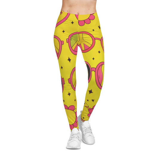 Peace & Love Yellow Pattern Leggings — Retro Heart, Peace Sign & Sun All-Over Print