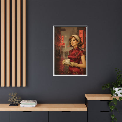 Elegant vintage woman drinking coffee on neon street in Hong Kong Canvas — Framed Matte Wall Art