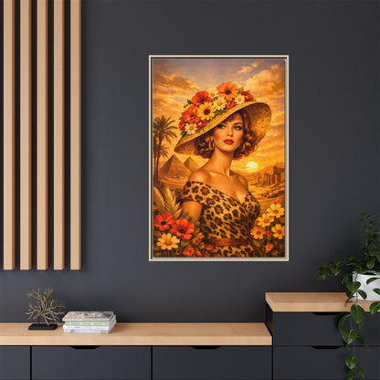 Elegant glamorous vintage woman in Egypt front of Giza pyramids at sunset, retro safari travel fashion illustration, Framed
