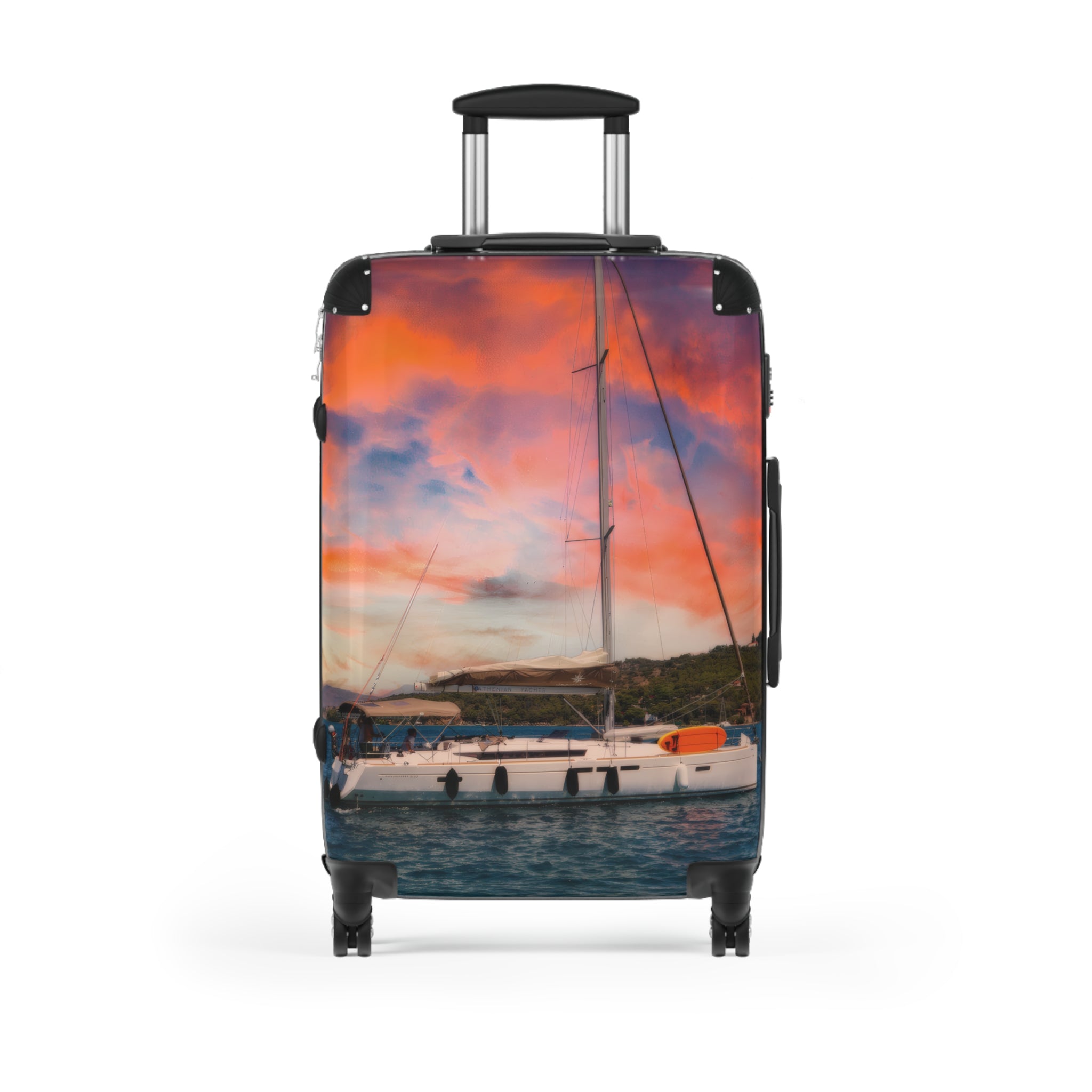 Luxury Yacht Sunset Suitcase, Mediterranean Sailing Travel Luggage, Vibrant Orange Sky Vacation Bag, Nautical Artist Design Cabin Suitcase