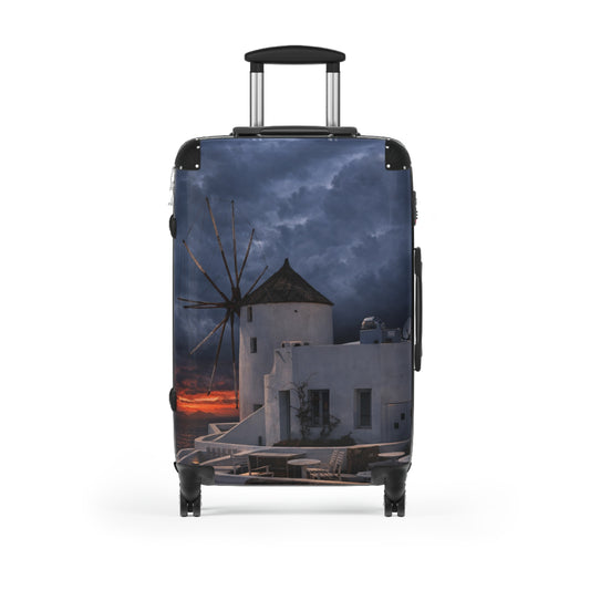 Oia Santorini Windmill Sunset Suitcase — Moody Greek Island Hard Shell Travel Luggage