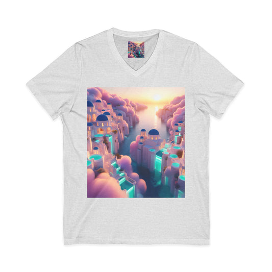 Dreamscape Sunset V-Neck Tee — Floating City Cloudscape Graphic Tee