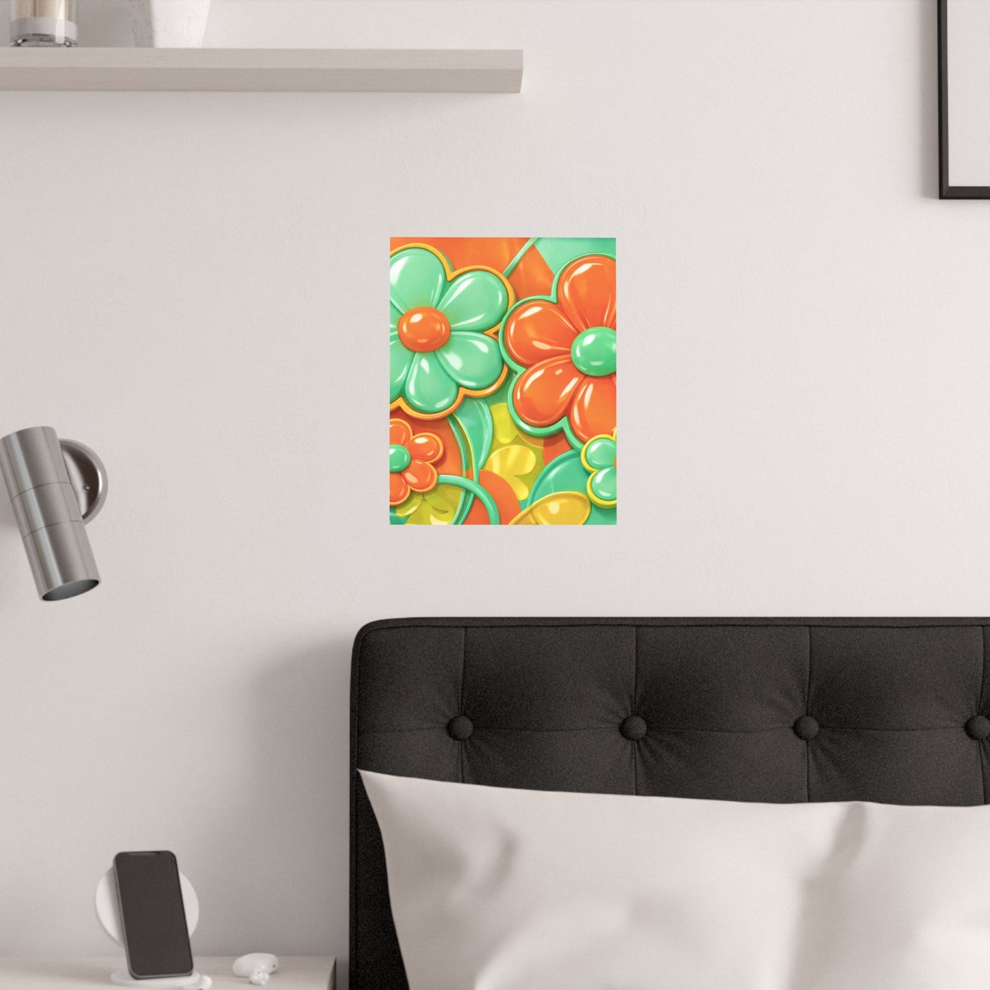 Retro Orange Teal Flower Pattern Poster | Satin Poster