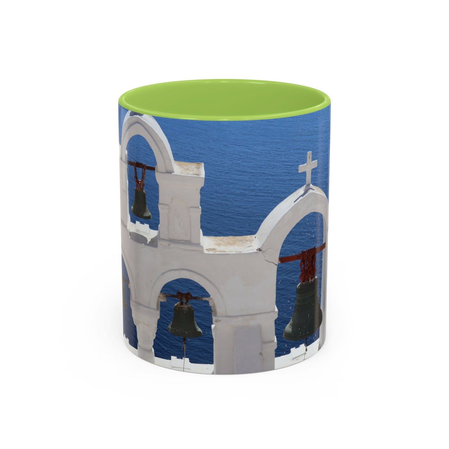 Santorini Bell Towers coffee mug | Greek island scene, blue sea accent mug