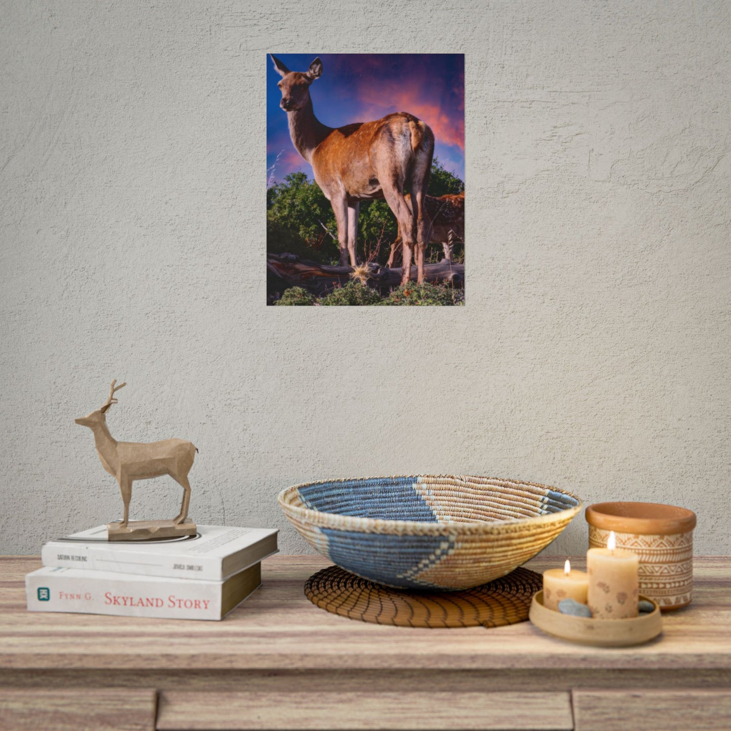 Majestic Deer Sunset Poster, Wild Doe and Fawn Nature Art, Purple Sky Wildlife Photography, Aesthetic Forest Wall Decor