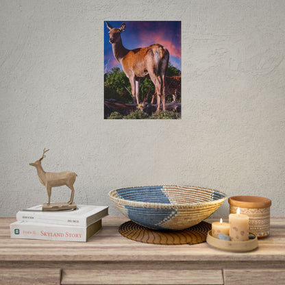 Majestic Deer Sunset Poster, Wild Doe and Fawn Nature Art, Purple Sky Wildlife Photography, Aesthetic Forest Wall Decor