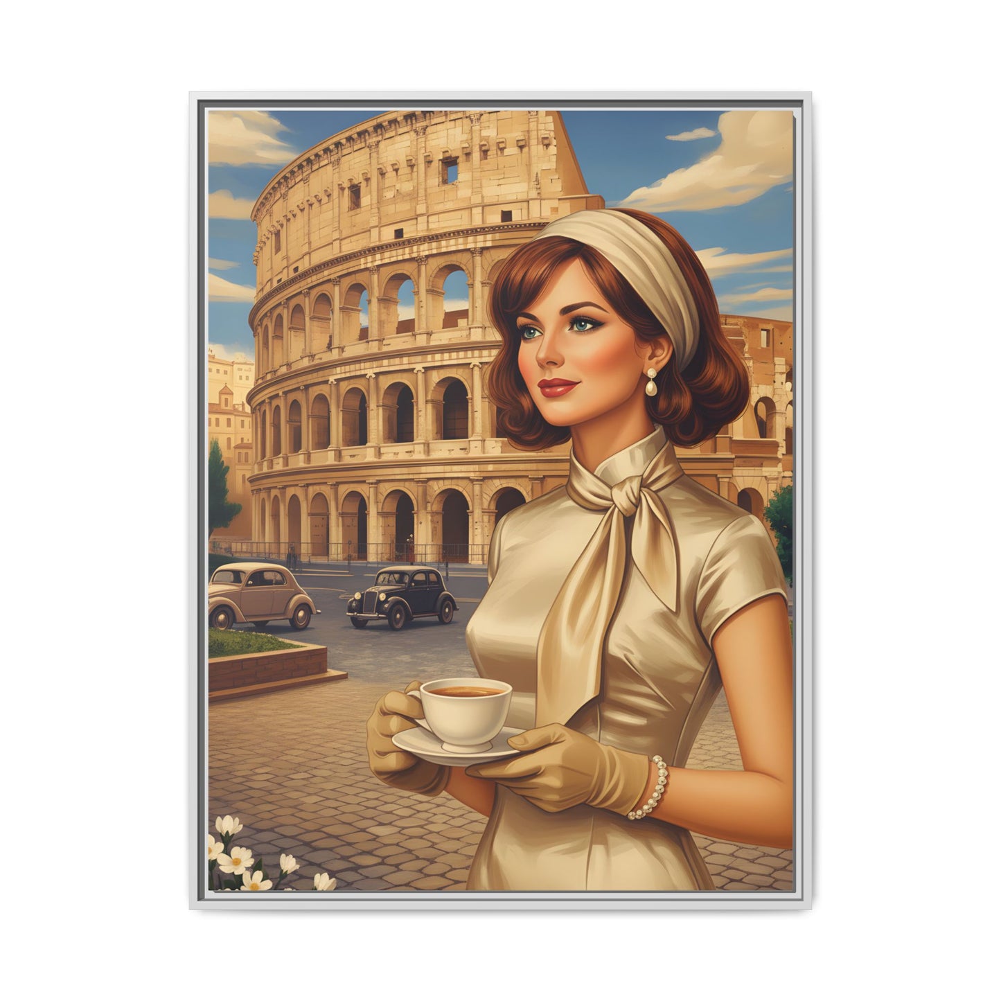 Elegant vintage woman drinking coffee in front of Colosseum in Rome Canvas Print