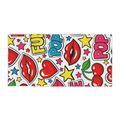 Pop Art Cherry Beach Towel — Fun Lips, Hearts & "POP" Pattern