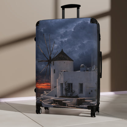 Oia Santorini Windmill Sunset Suitcase — Moody Greek Island Hard Shell Travel Luggage