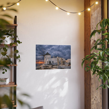Oia Santorini Windmill Sunset Poster — Mediterranean Landscape Photo Art Print