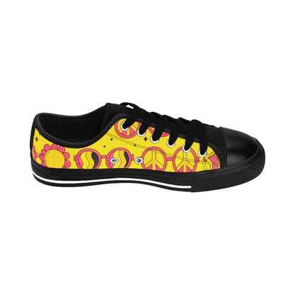 Peace Sign Floral Women's Sneakers — Yellow Retro Boho Canvas Shoes