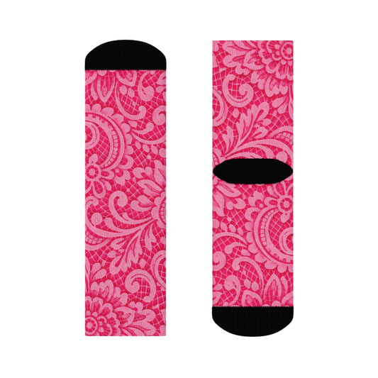 Pink Paisley Crew Socks — Floral Patterned Casual Socks for Women