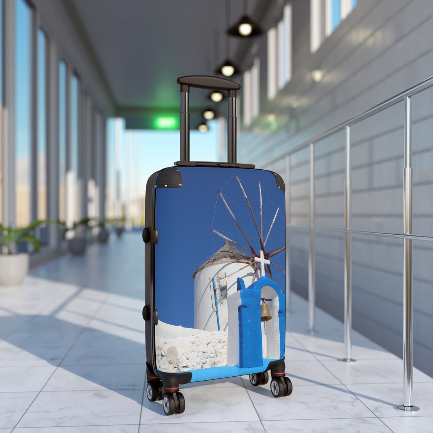Luxury Santorini Oia Suitcase — Iconic Windmill & Church Bell Photography