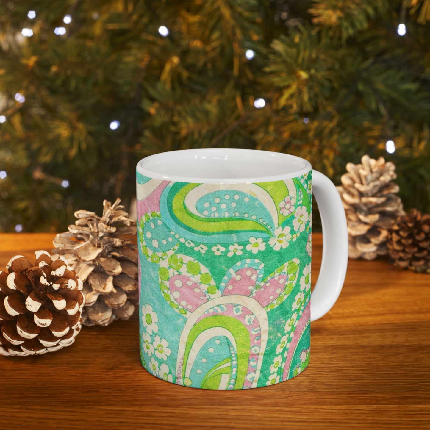 Green Paisley Ceramic Mug — Retro Floral 11oz & 15oz Coffee Cup