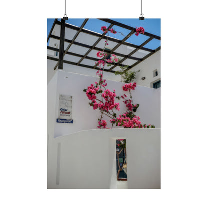 Santorini Bougainvillea Poster, Oia Greece White Architecture Art, Mediterranean Floral Wall Decor, Greek Island Photography Print Art Decor