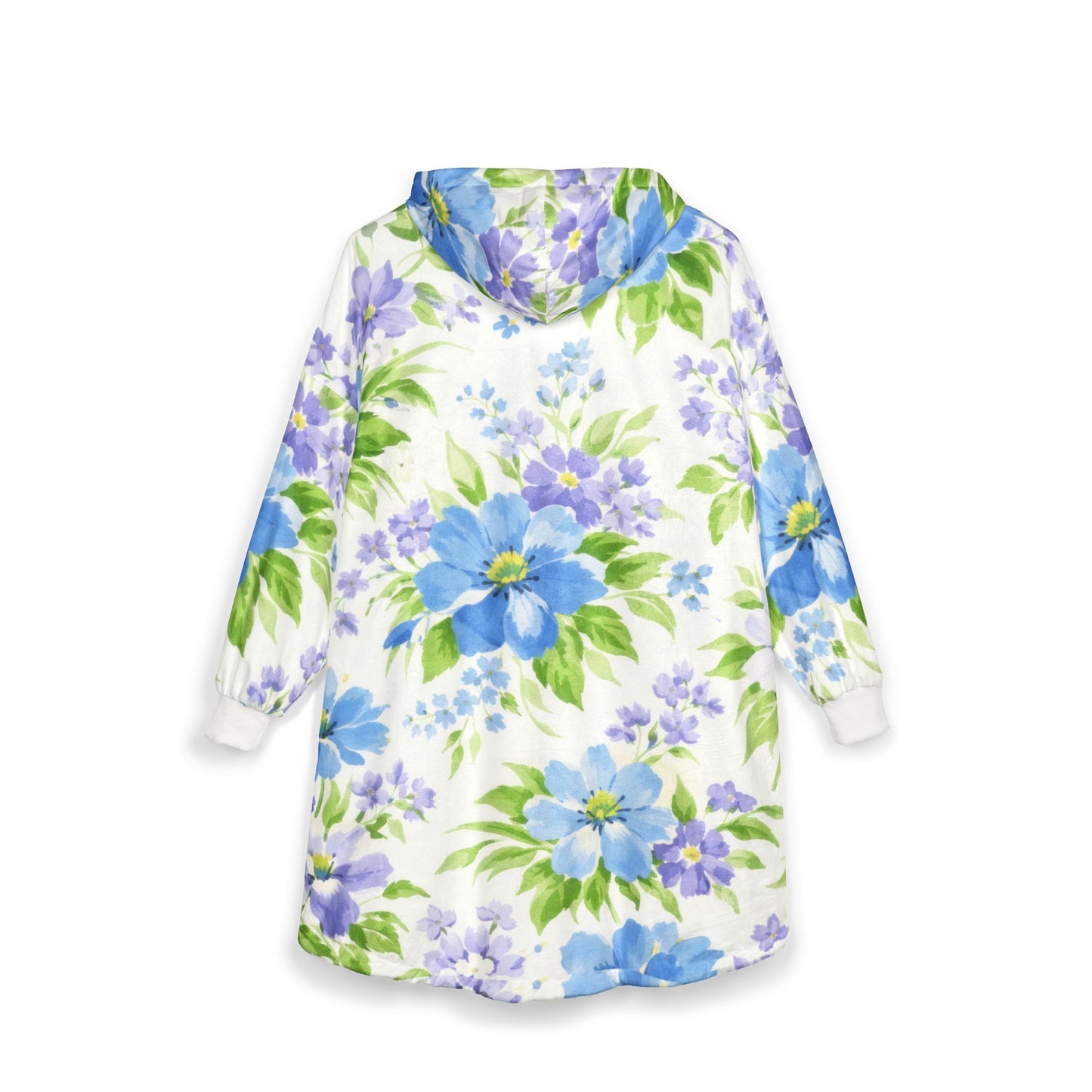 Floral Hoodie — Blue & Lavender Watercolor Flowers, Cozy Oversized Wearable Throw