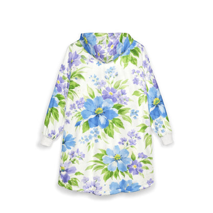 Floral Hoodie — Blue & Lavender Watercolor Flowers, Cozy Oversized Wearable Throw