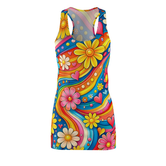 Psychedelic Floral Racerback Dress — Retro 60s Flower Power All-Over Print
