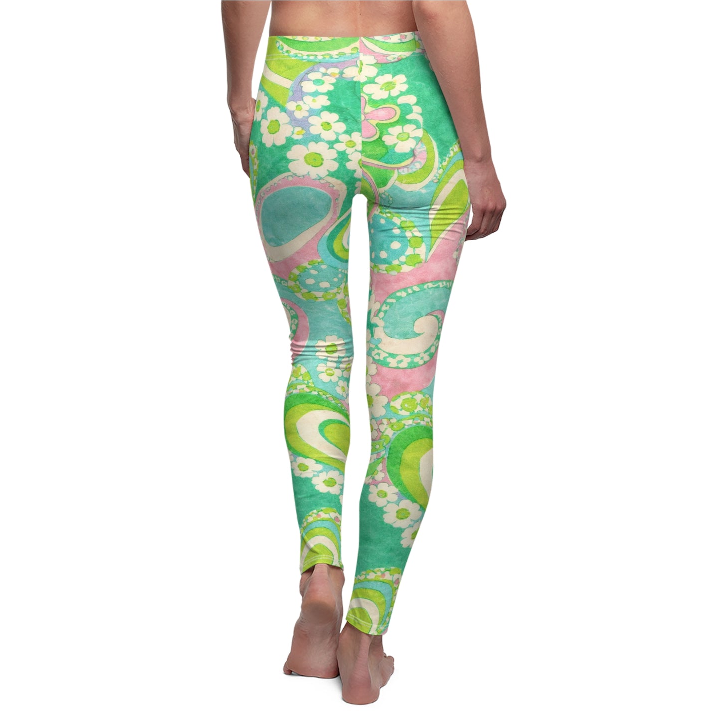 Floral Paisley Leggings — Retro Green & Pink All-Over Print