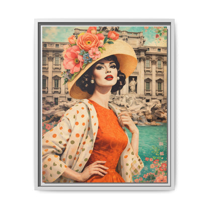 Elegant glamorous vintage woman in Rome front of Trevi Fountain, retro Italian travel fashion illustration,Framed Matte Canvas Art