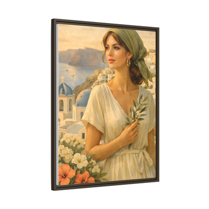 Oia Santorini Greek Woman Portrait — Romantic Vintage Framed Matte Canvas Art
