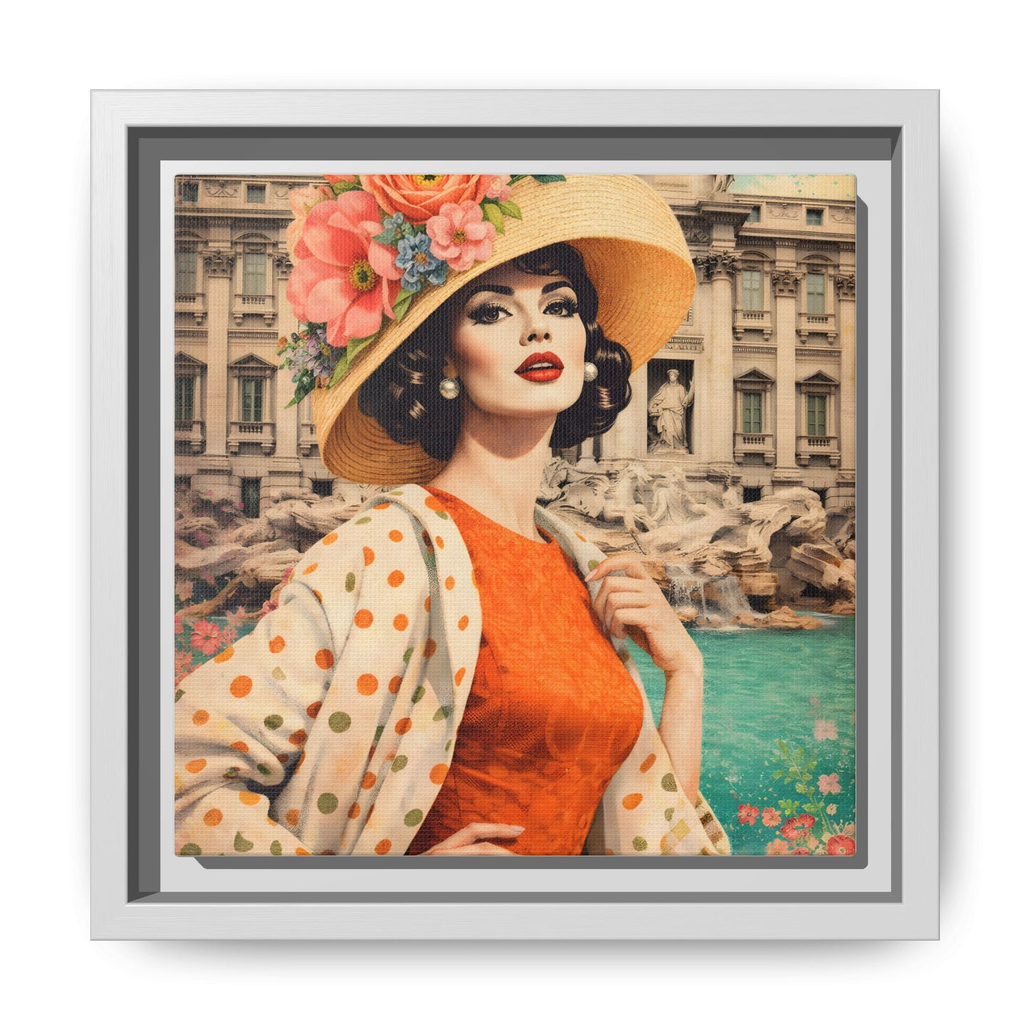 Elegant glamorous vintage woman in Rome front of Trevi Fountain, retro Italian travel fashion illustration,Framed Matte Canvas Art