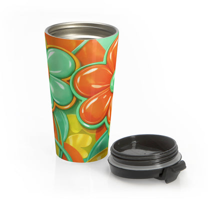 Retro Orange Green Floral Stainless Steel Mug | Travel Tumbler, 60s Flower Pattern