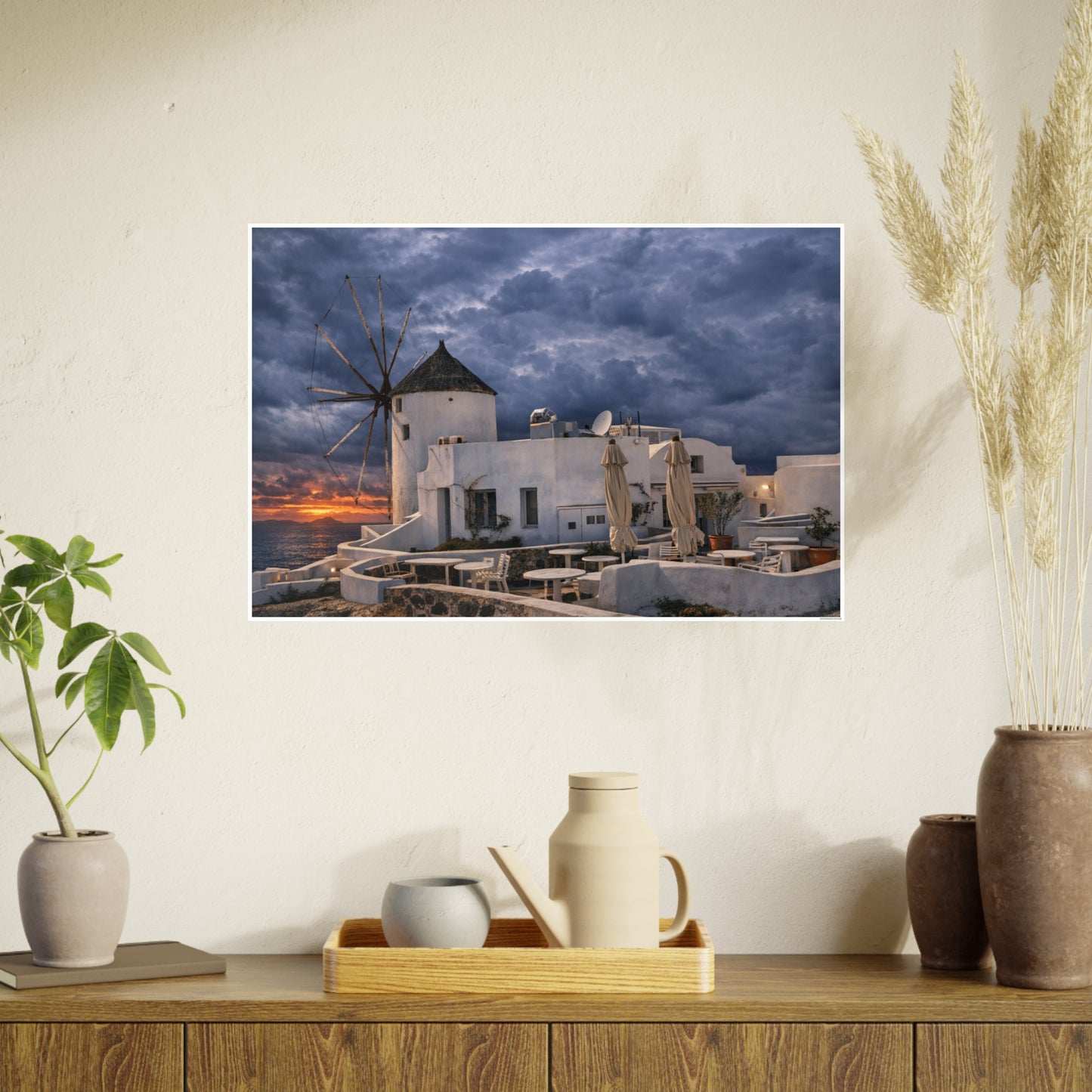 Oia Santorini Windmill Sunset Poster — Mediterranean Landscape Photo Art Print