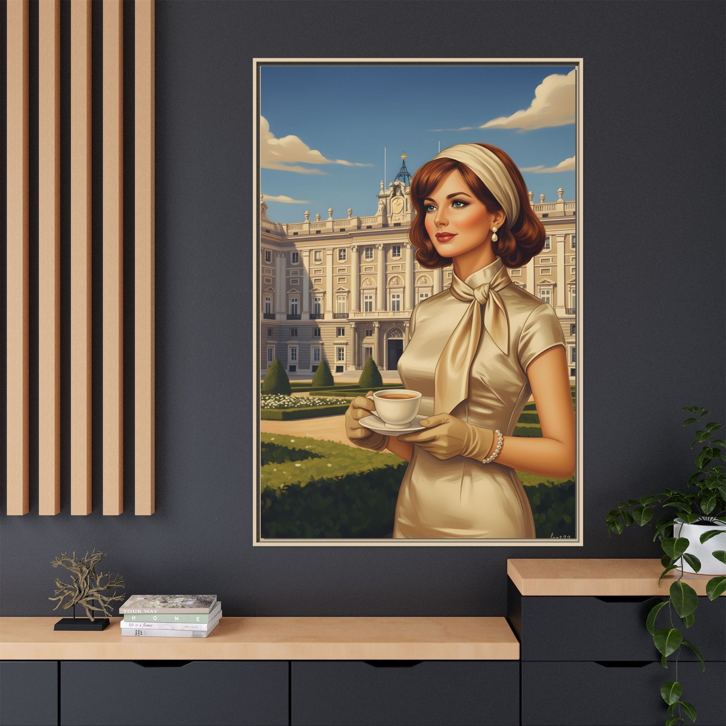 Elegant vintage woman drinking coffee in front of Royal Palace in Madrid Canvas Framed Wall Art