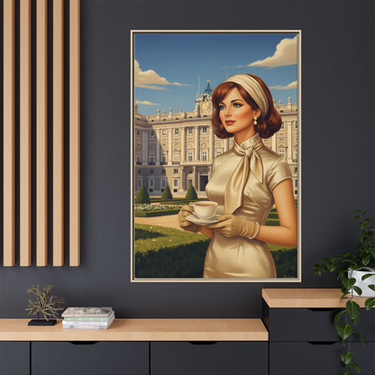 Elegant vintage woman drinking coffee in front of Royal Palace in Madrid Canvas Framed Wall Art