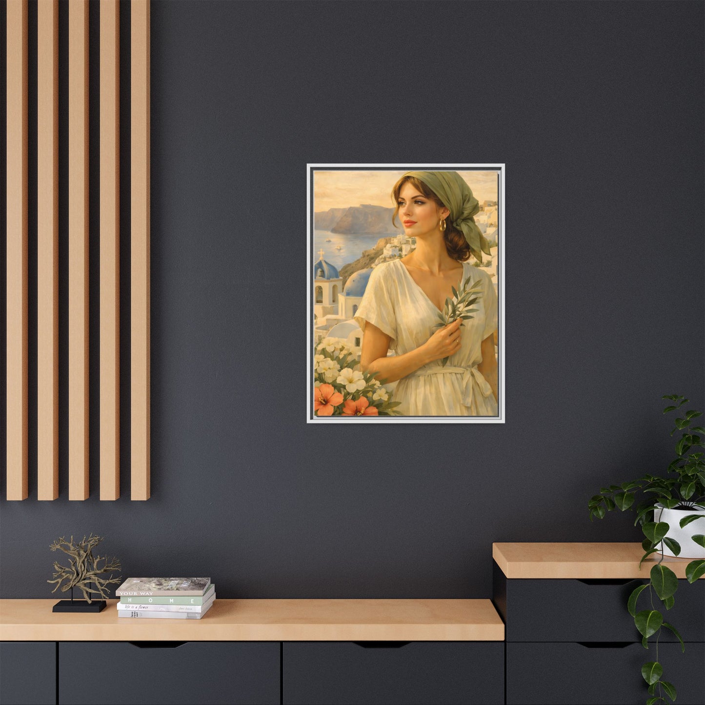 Oia Santorini Greek Woman Portrait — Romantic Vintage Framed Matte Canvas Art