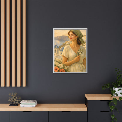 Oia Santorini Greek Woman Portrait — Romantic Vintage Framed Matte Canvas Art