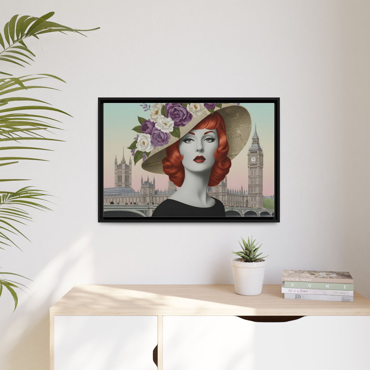 Elegant vintage pop art woman in front of Big Ben in London Matte Framed Canvas