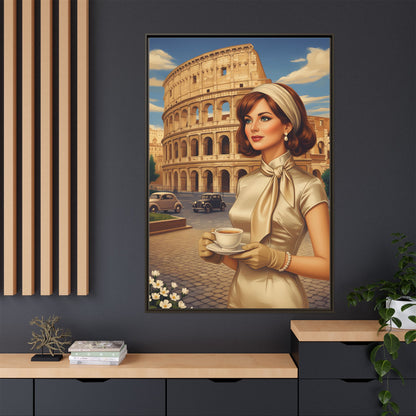 Elegant vintage woman drinking coffee in front of Colosseum in Rome Canvas Print