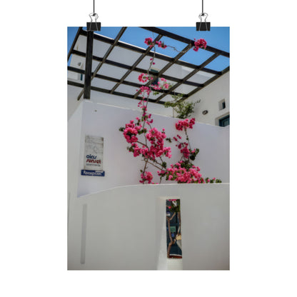 Santorini Bougainvillea Poster, Oia Greece White Architecture Art, Mediterranean Floral Wall Decor, Greek Island Photography Print Art Decor