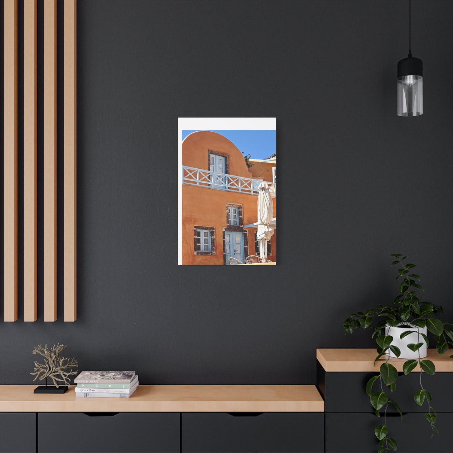 Oia Santorini Orange Facade Canvas — Mediterranean Terracotta Matte Wall Art